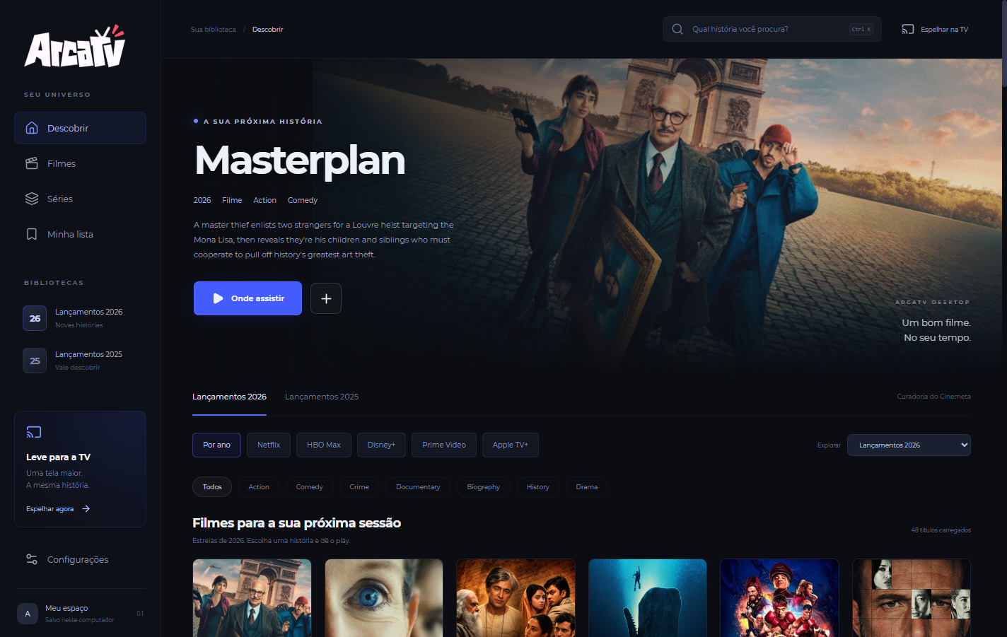 Interface real do ArcaTV para Windows, com menu lateral, filme em destaque e fileiras de capas do catálogo